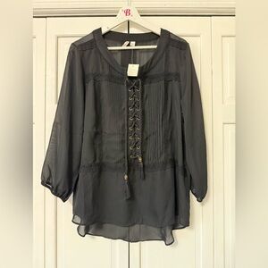 NWT Cato BLACK SHEER GROMMET LACE UP TASSEL TIE PLEATED Whimsigoth FairyGrunge